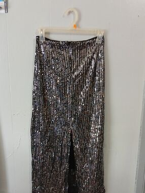 Black & Silver Sequin Maxi Skirt with Center Slit